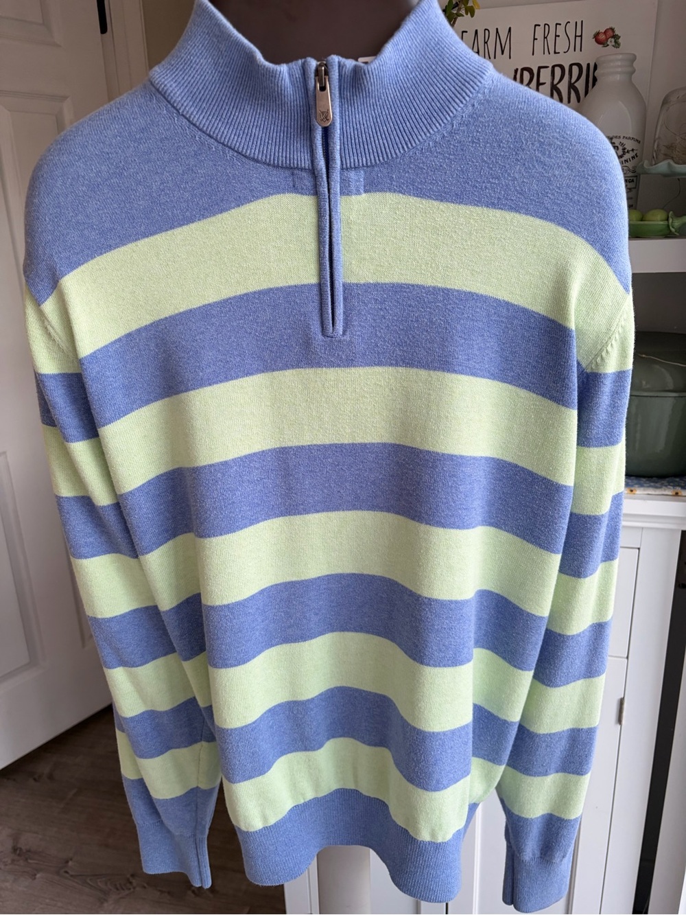 Oxford Striped Quarter-Zip Sweater in Light Blue and Pale Green
